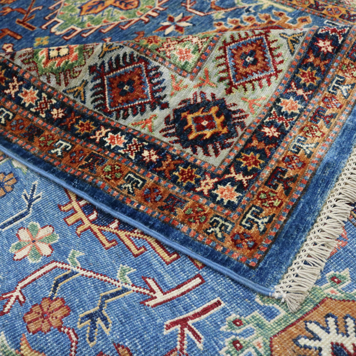 Handmade Kazak Rug Hand-Spun Wool, Light Blue